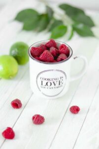 "Cooking is love you can taste" Raspberries in mug