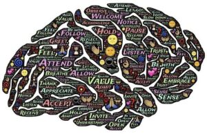 Image of the outline of a brain filled with words of feelings and actions