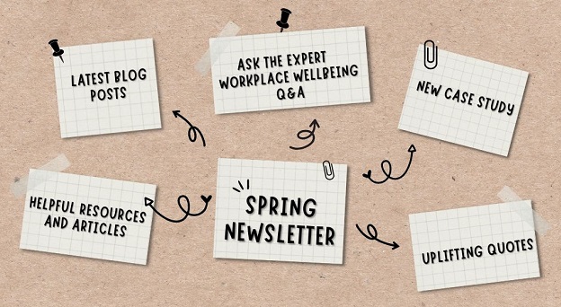 A brown pinboard with yellow notes pinned to it with arrows coming from the central note of Spring newsletter to notes for helpful resources and articles, latest blog posts, Ask the Expert workplace wellbeing Q&A, new case study, and uplifting quotes